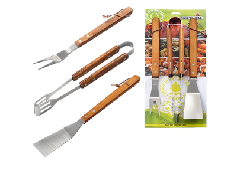 SET 3 ACCESSORI INOX CM.40 X BARBECUE C/MANICO LEGNO